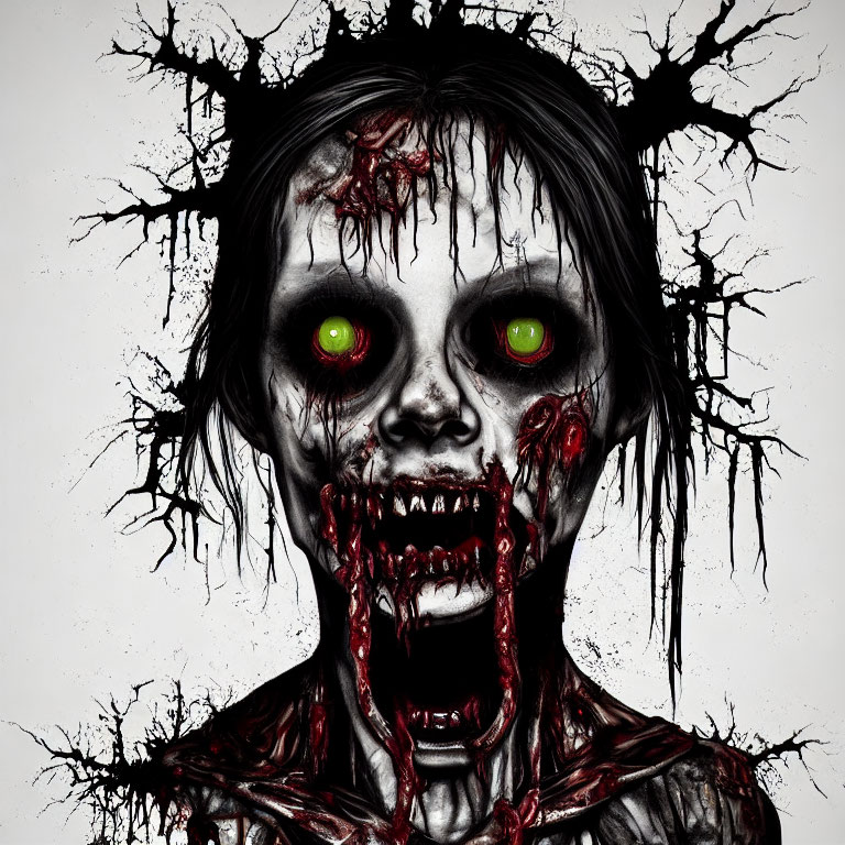 Dark zombie illustration with jagged teeth and blood, against eerie backdrop.