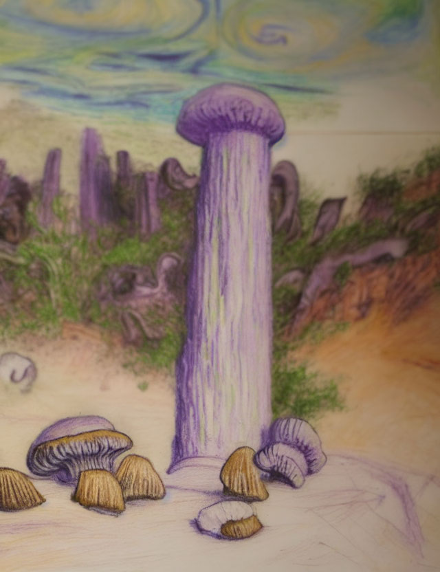 Fantasy landscape with tall purple pillar and mushroom-like structures in warm tones