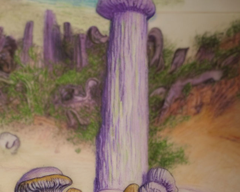 Fantasy landscape with tall purple pillar and mushroom-like structures in warm tones