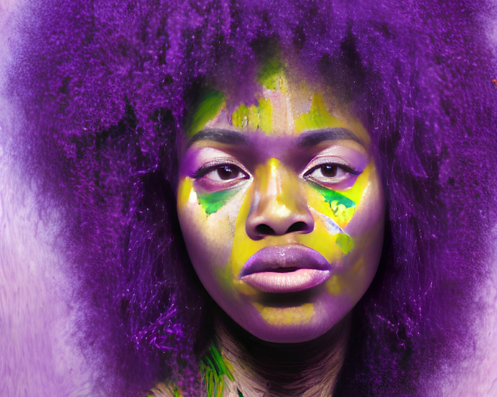 Vibrant purple afro hair with yellow makeup and cannabis leaf pose