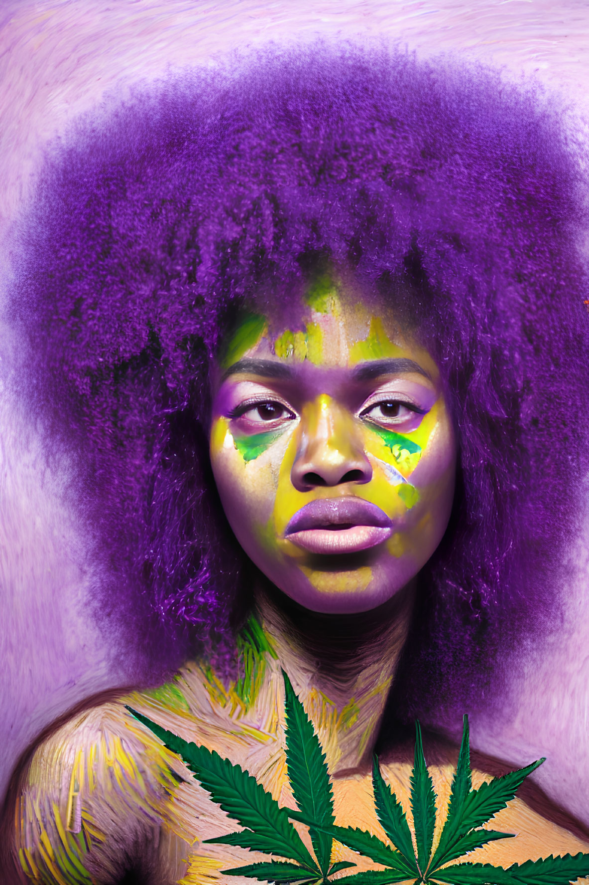 Vibrant purple afro hair with yellow makeup and cannabis leaf pose