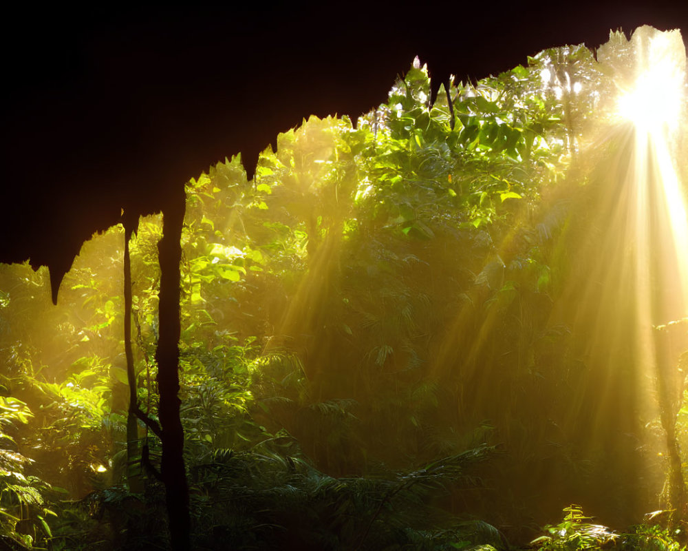 Dense forest with sunlight beams and misty foliage.