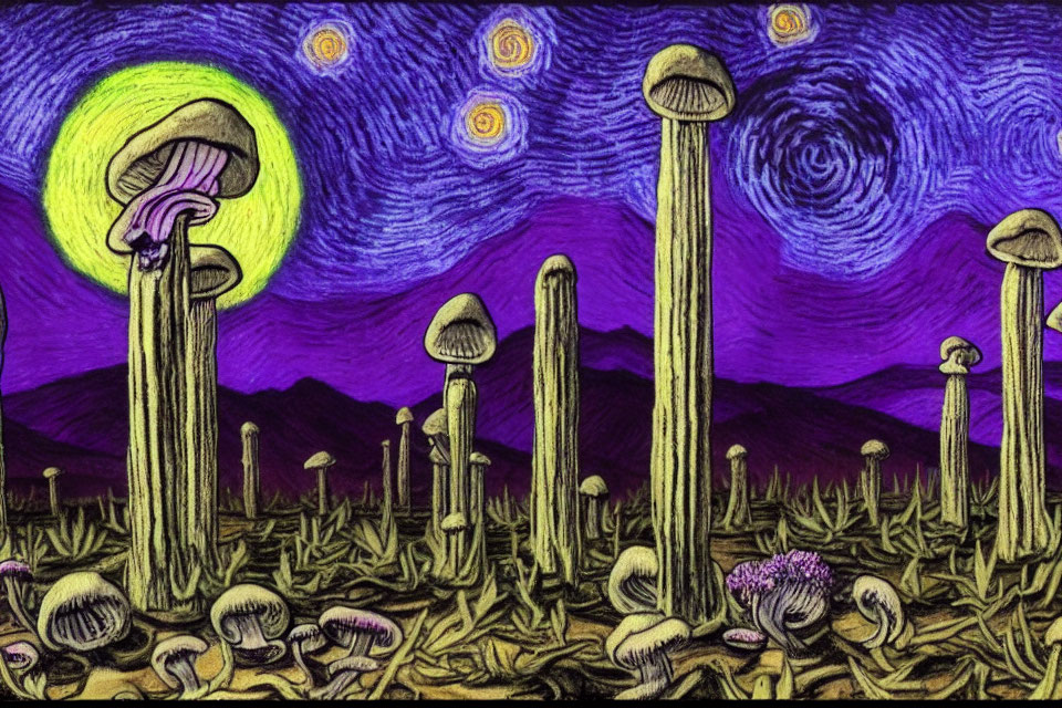 Surreal Van Gogh-inspired fantasy landscape with oversized mushrooms under starry sky