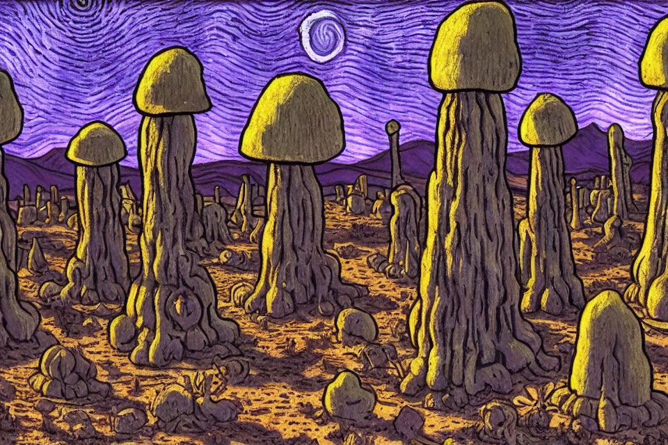 Fantastical mushroom forest illustration under purple sky