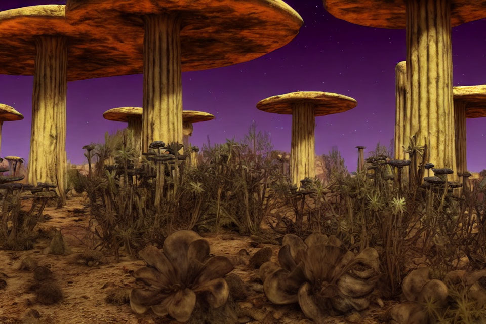 Surreal landscape with oversized mushroom-like structures under a purple sky