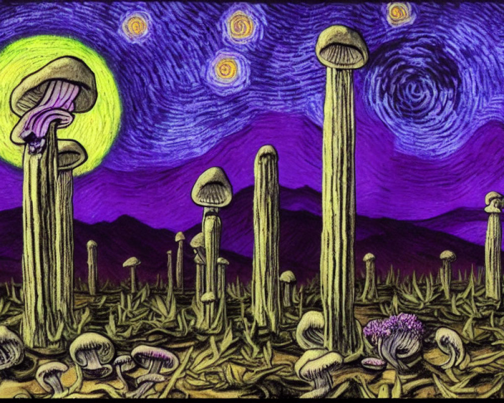 Surreal Van Gogh-inspired fantasy landscape with oversized mushrooms under starry sky