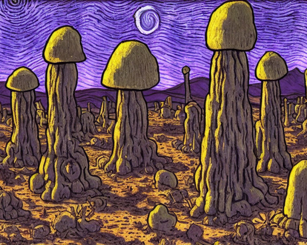 Fantastical mushroom forest illustration under purple sky