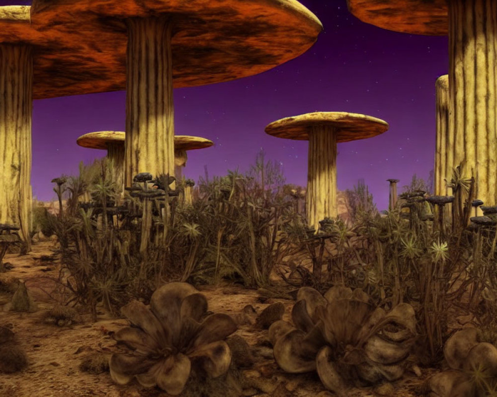 Surreal landscape with oversized mushroom-like structures under a purple sky