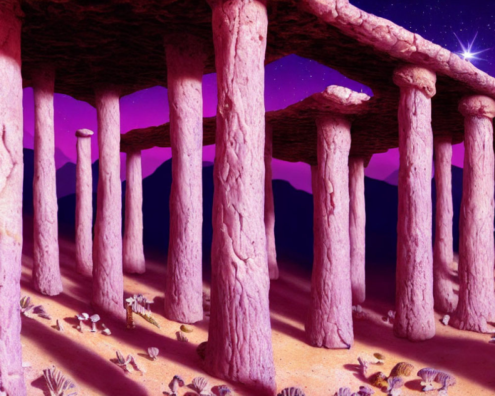 Digitally created pink columns under purple starry sky with desert surface.