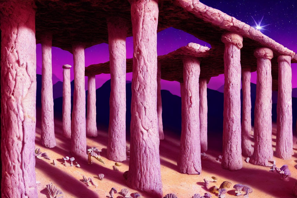 Digitally created pink columns under purple starry sky with desert surface.