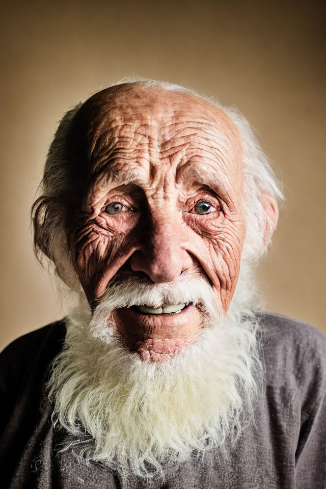 Elderly man with blue eyes and white beard smiling on warm backdrop