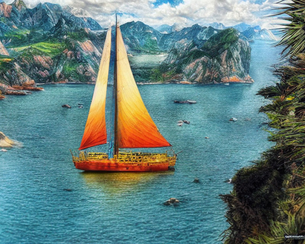 Colorful sailboat sailing in blue sea with green mountains and cloudy sky