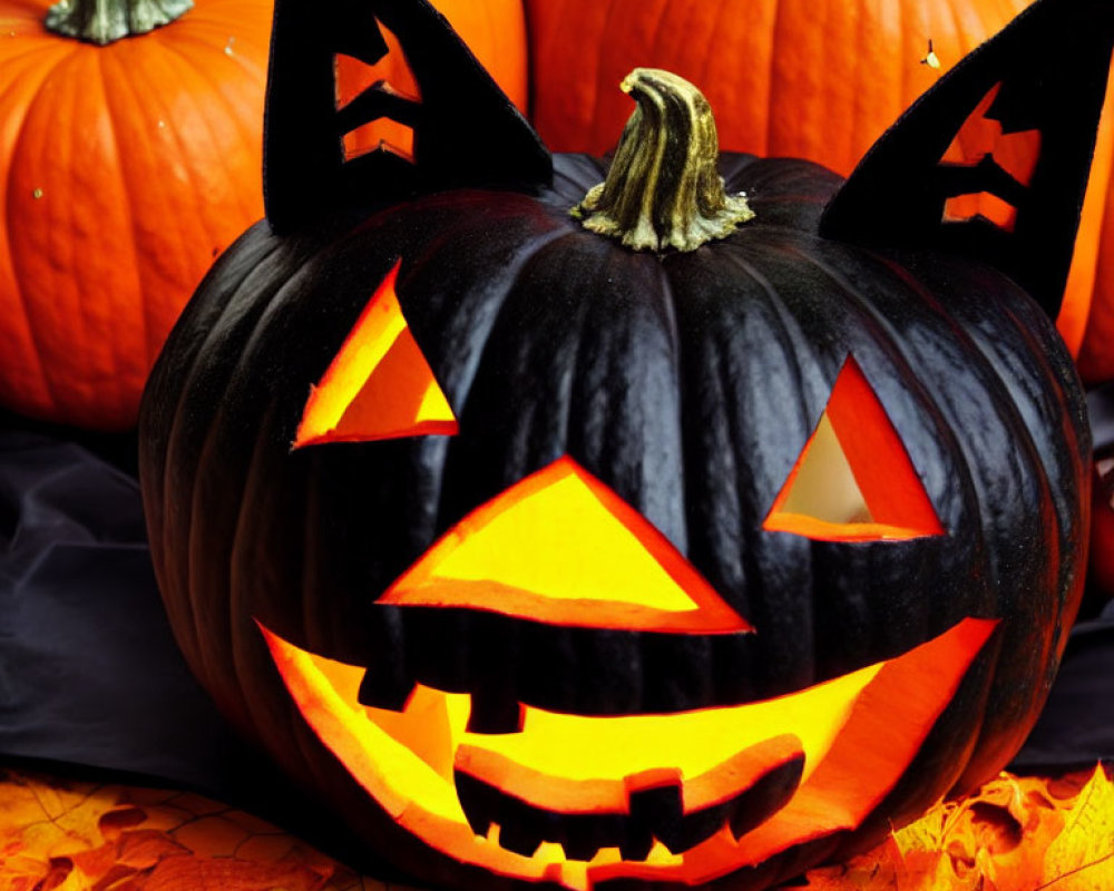 Black Jack-o'-lantern surrounded by orange pumpkins and autumn leaves