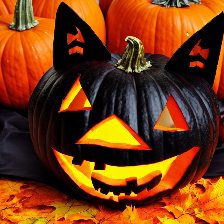 Black Jack-o'-lantern surrounded by orange pumpkins and autumn leaves