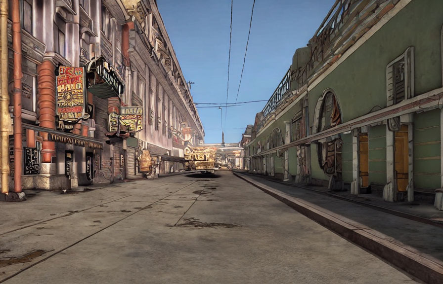 Deserted street with dilapidated buildings and bus in post-apocalyptic setting