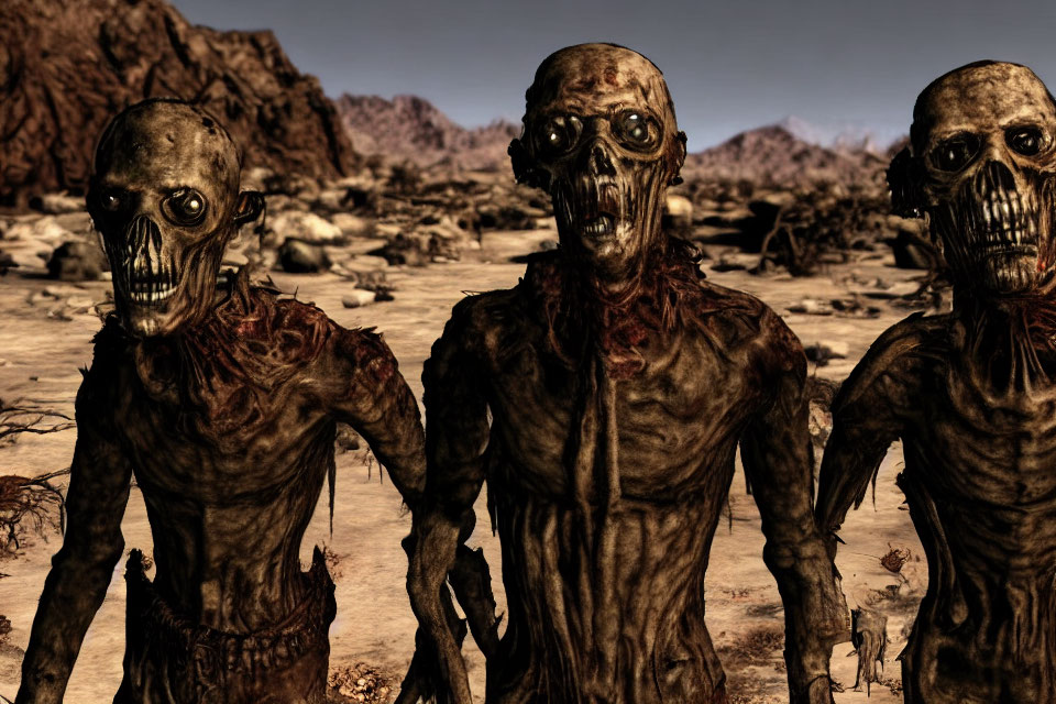 Three skeletal zombie-like figures in a post-apocalyptic landscape.