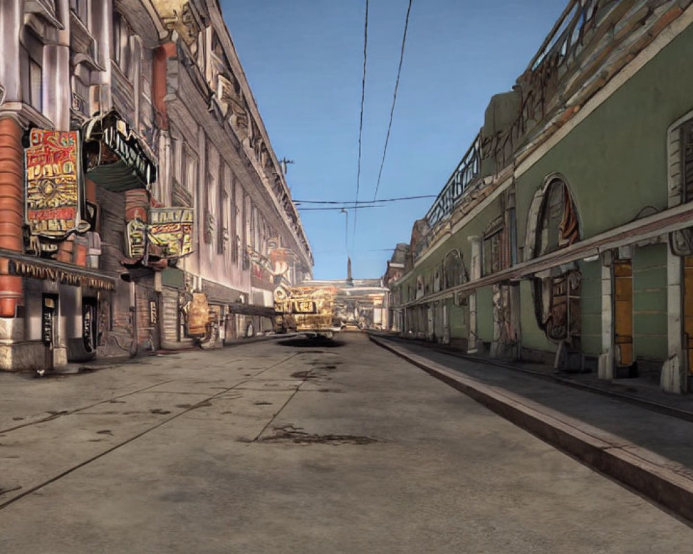 Deserted street with dilapidated buildings and bus in post-apocalyptic setting