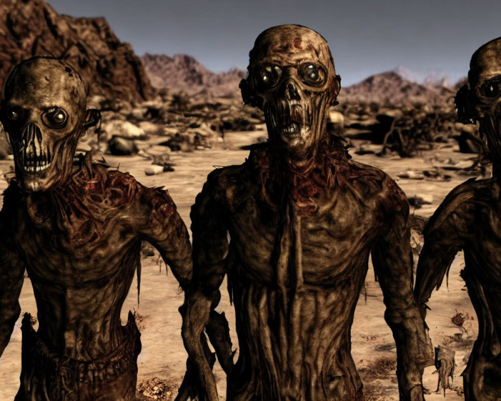 Three skeletal zombie-like figures in a post-apocalyptic landscape.