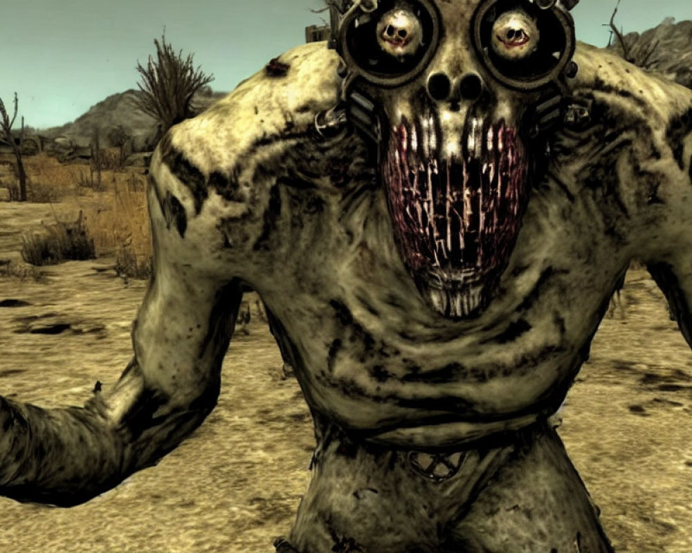 Menacing creature with mottled skin and bloody teeth in barren landscape