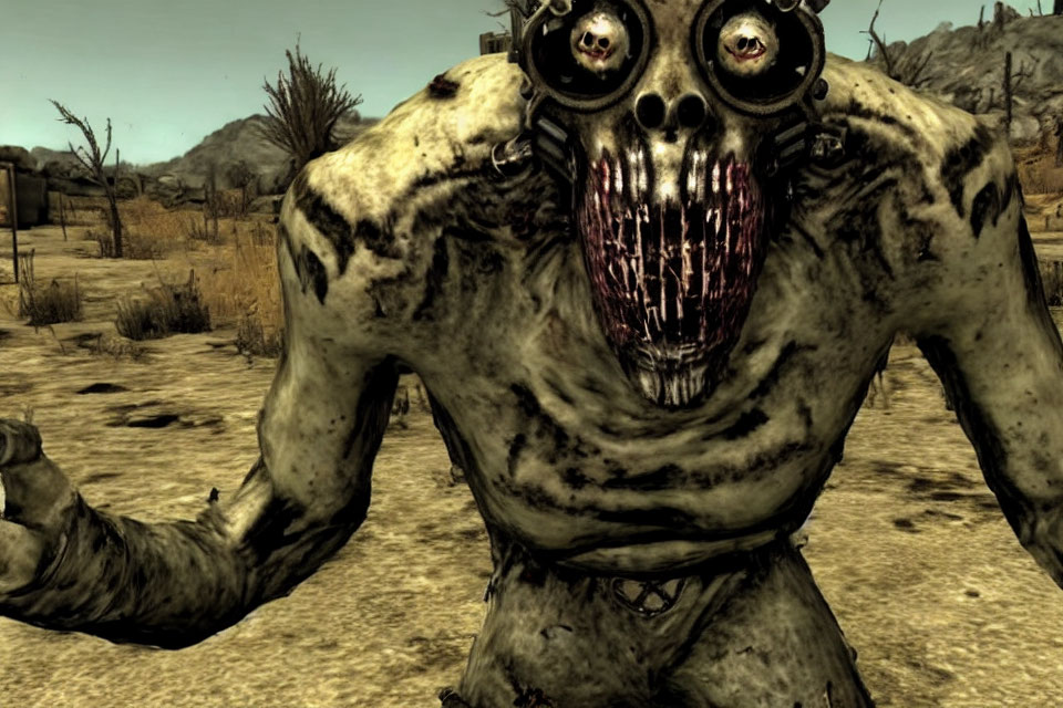 Menacing creature with mottled skin and bloody teeth in barren landscape