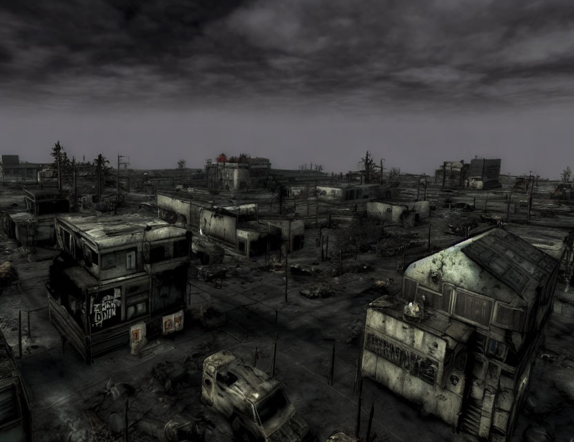 Desolate wasteland with ruined buildings and bleak sky