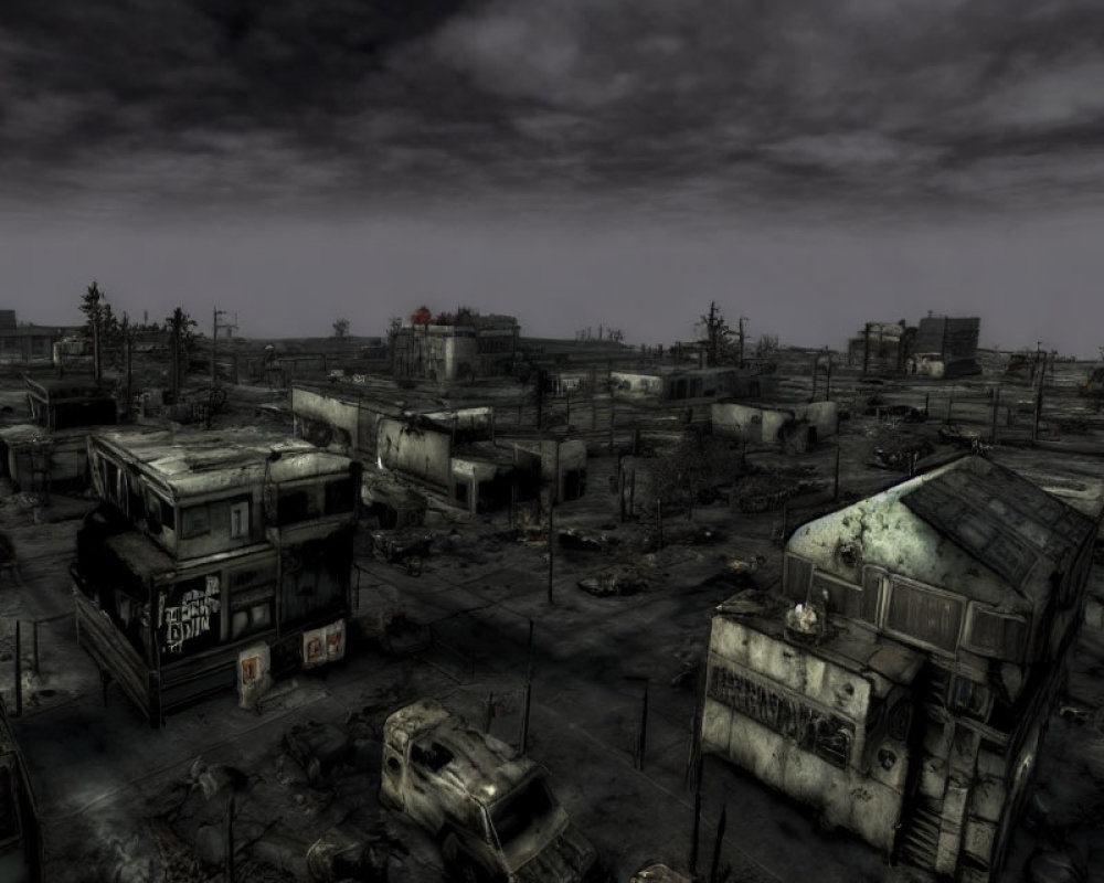 Desolate wasteland with ruined buildings and bleak sky