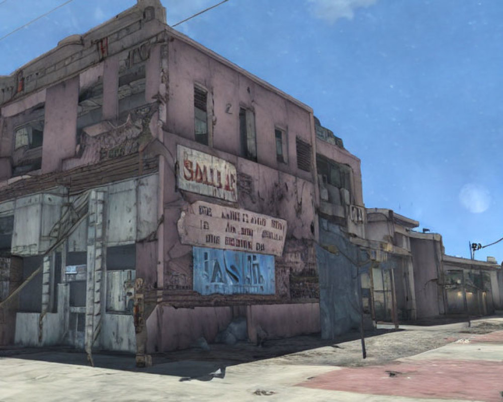 Abandoned two-story desert building with graffiti and boarded-up windows