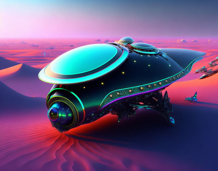 Futuristic spaceship over pink desert landscape