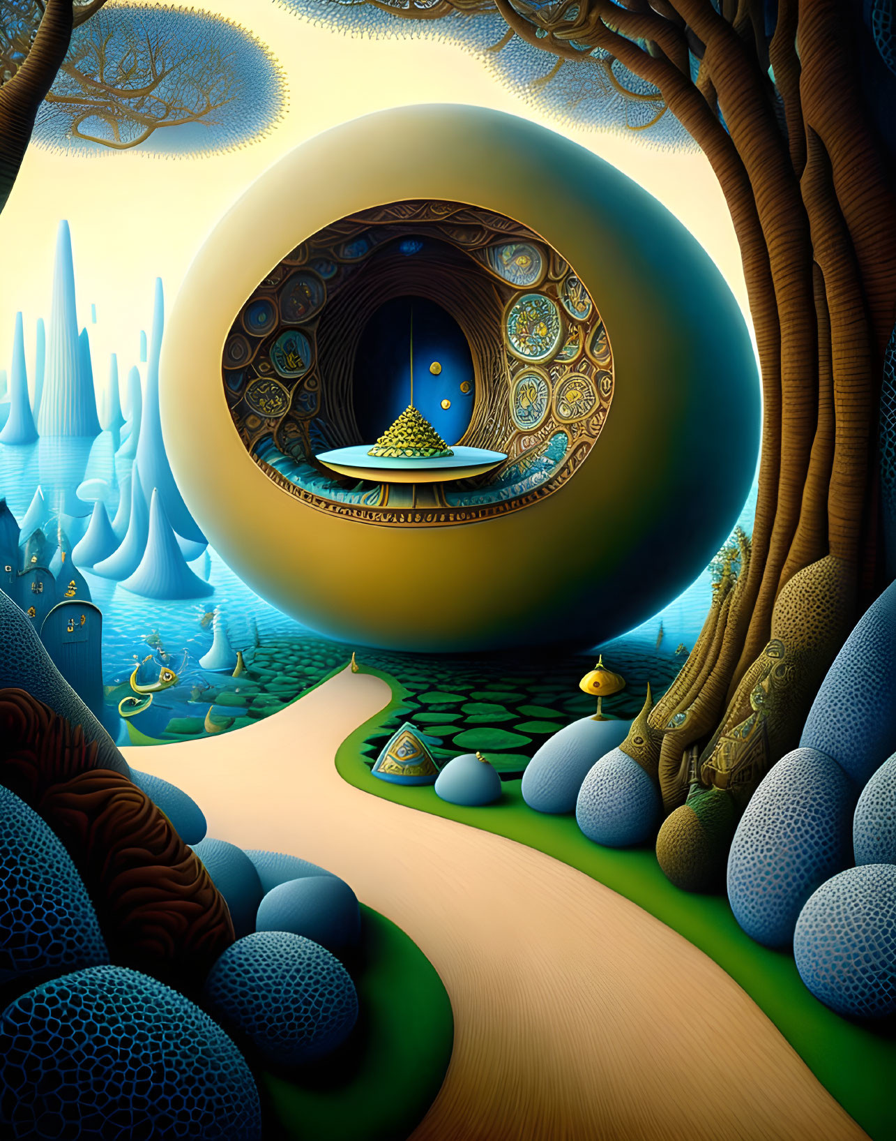 Surreal landscape with round portal, blue trees, and textured spheres