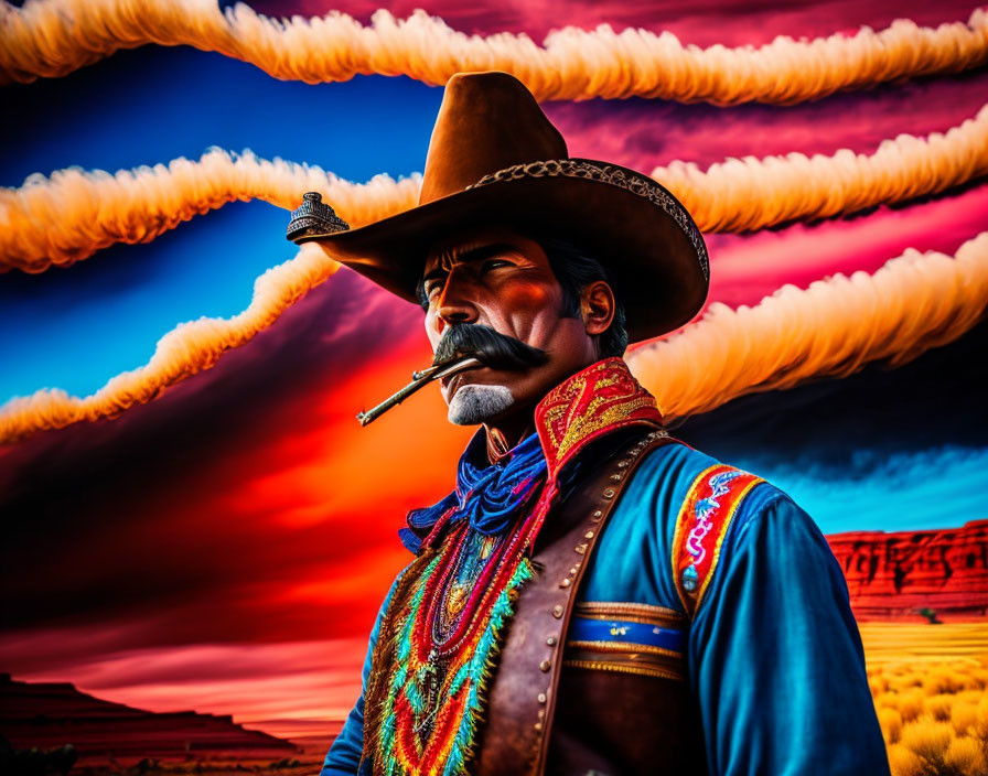 Mustached man in cowboy attire with cigar at sunset