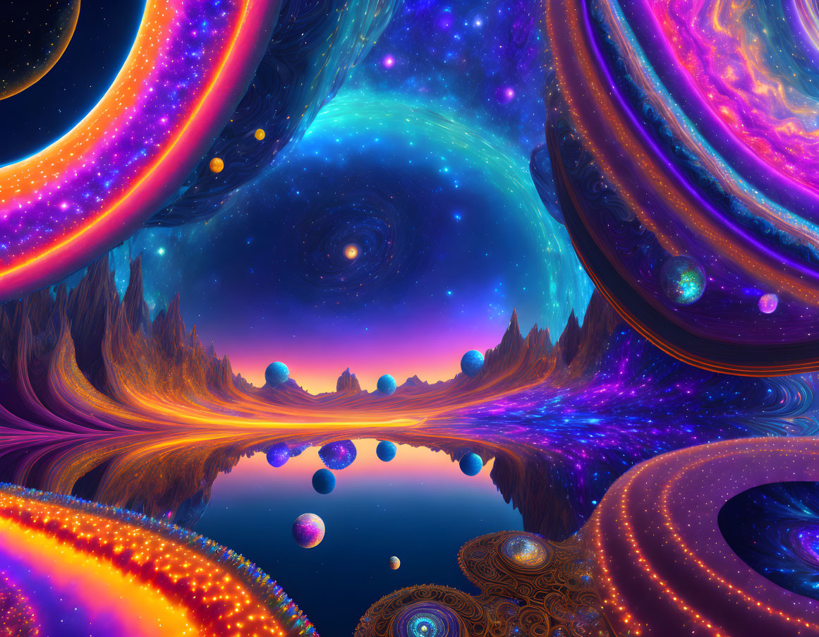 Colorful cosmic digital artwork with swirling galaxies and celestial reflections