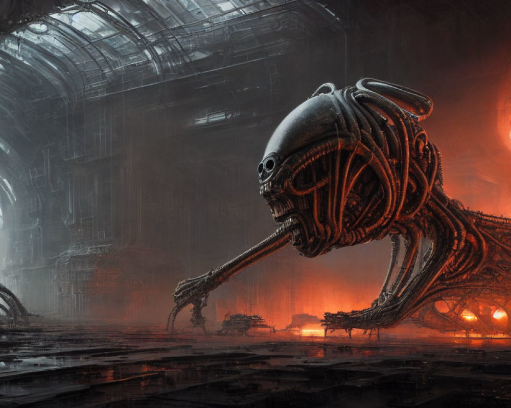 Biomechanical creature in dark industrial setting with orange lights