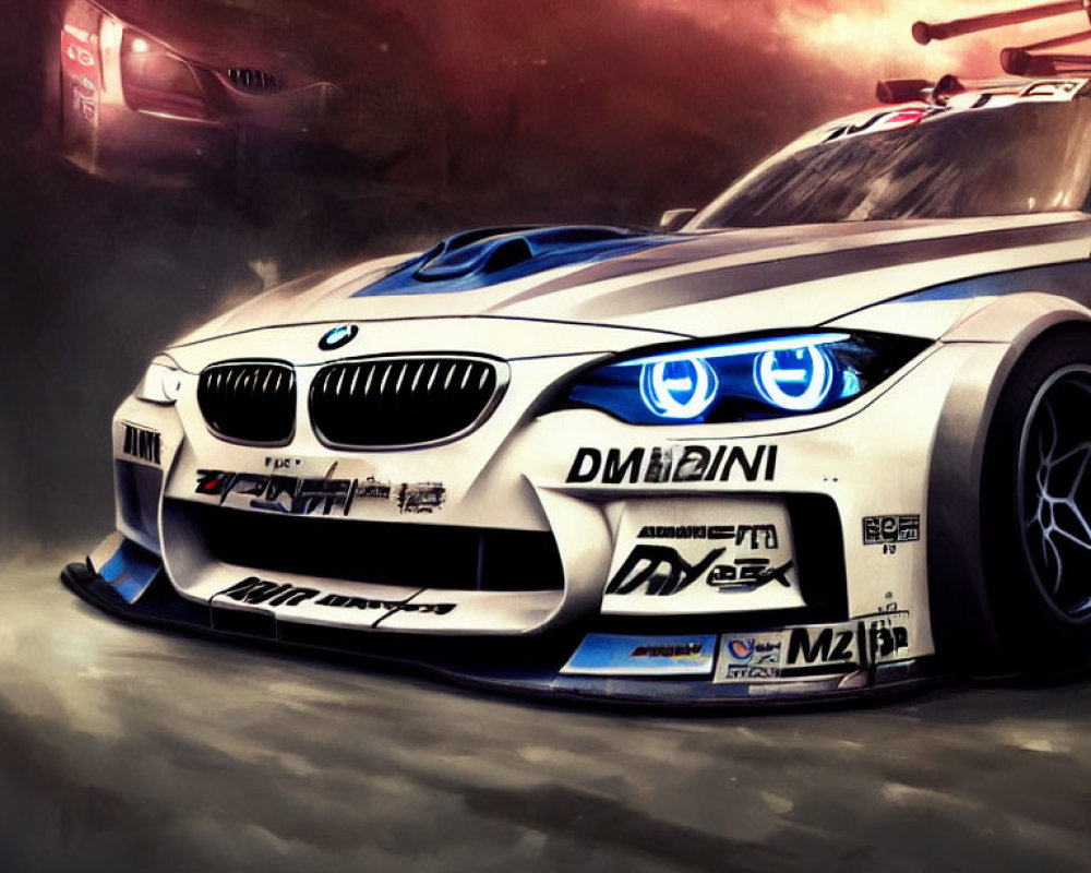 Digital Artwork of BMW Racing Car with Aggressive Bodywork and Sponsor Logos