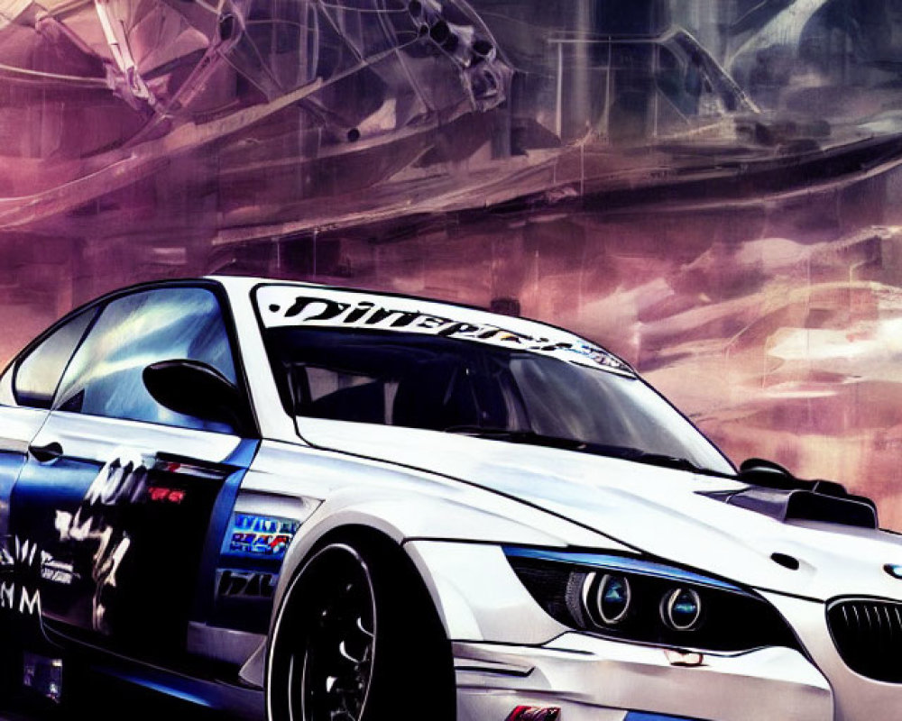 Stylized illustration of modified BMW race car with sponsor decals in high-speed cityscape.