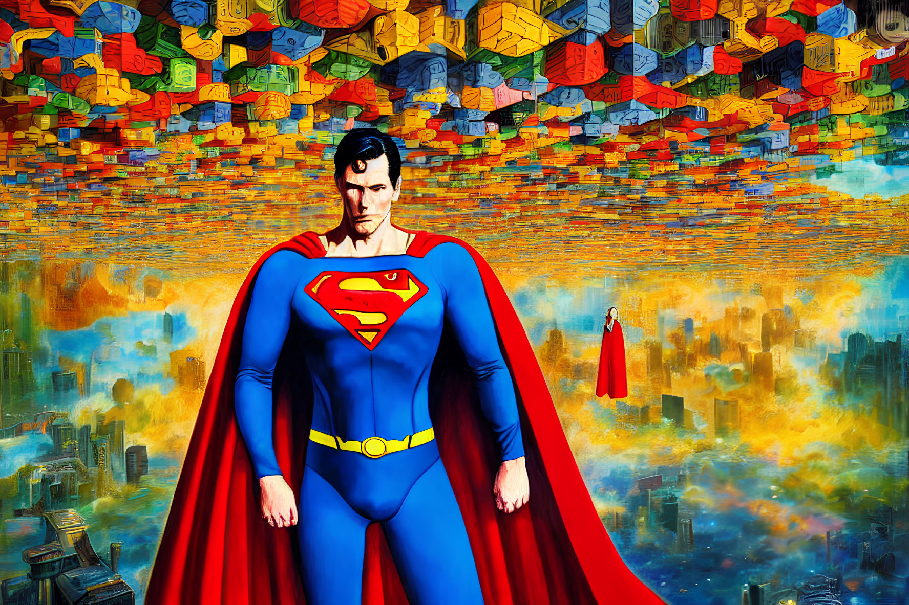 Colorful Superman Artwork with Skyscraper Mosaic