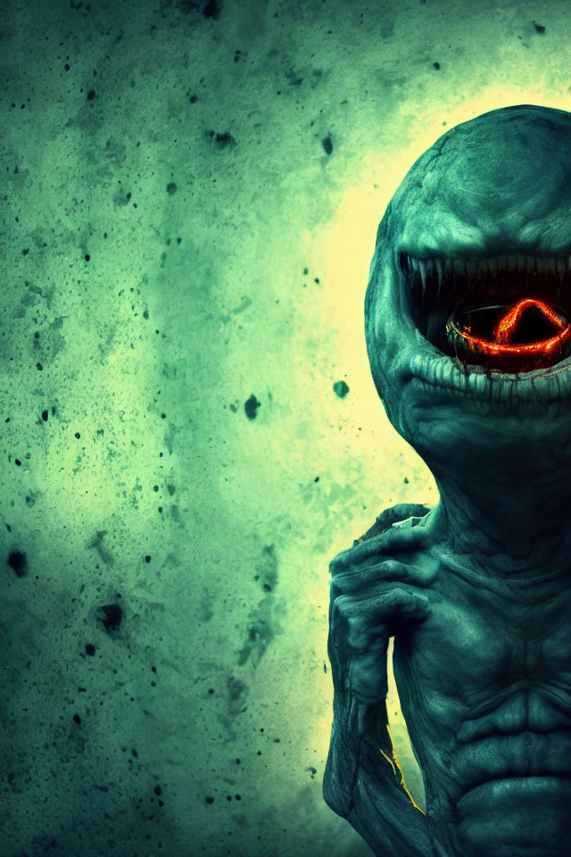 Glowing red-eyed alien creature on green background