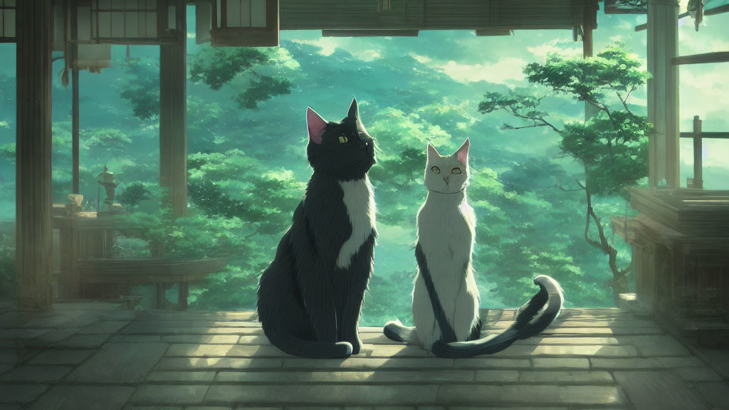 Two Cats Relaxing on Wooden Porch Overlooking Sunlit Forest