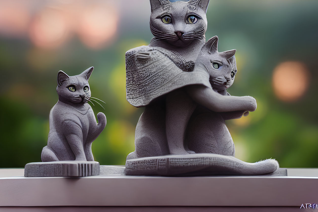 Three Cat Figurines Reading Newspaper on Ledge