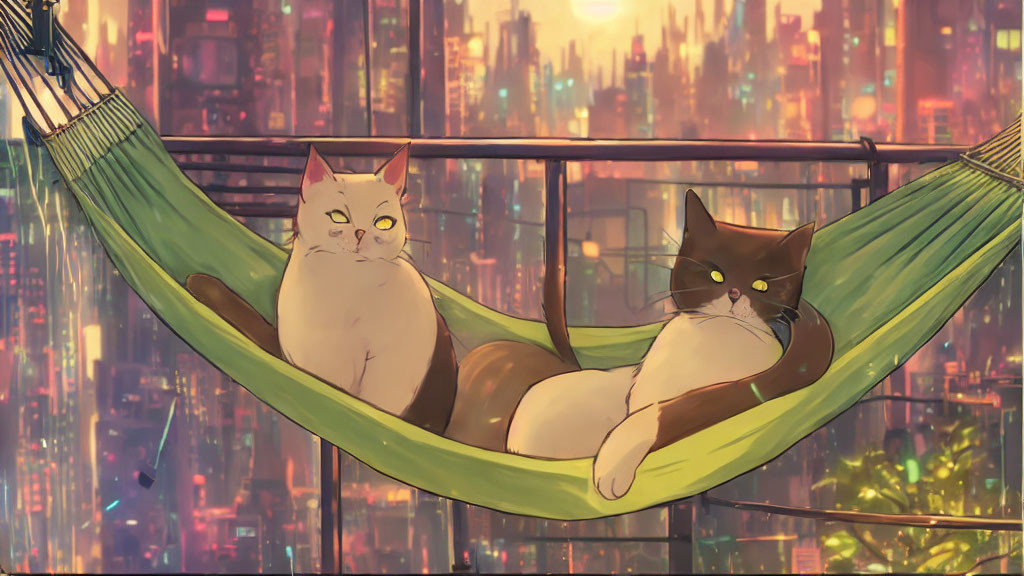 Two Cats Relaxing in Green Hammock with Futuristic Cityscape at Twilight