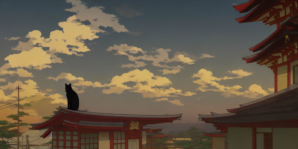 Cat silhouette on red pagoda roof under golden dusk sky