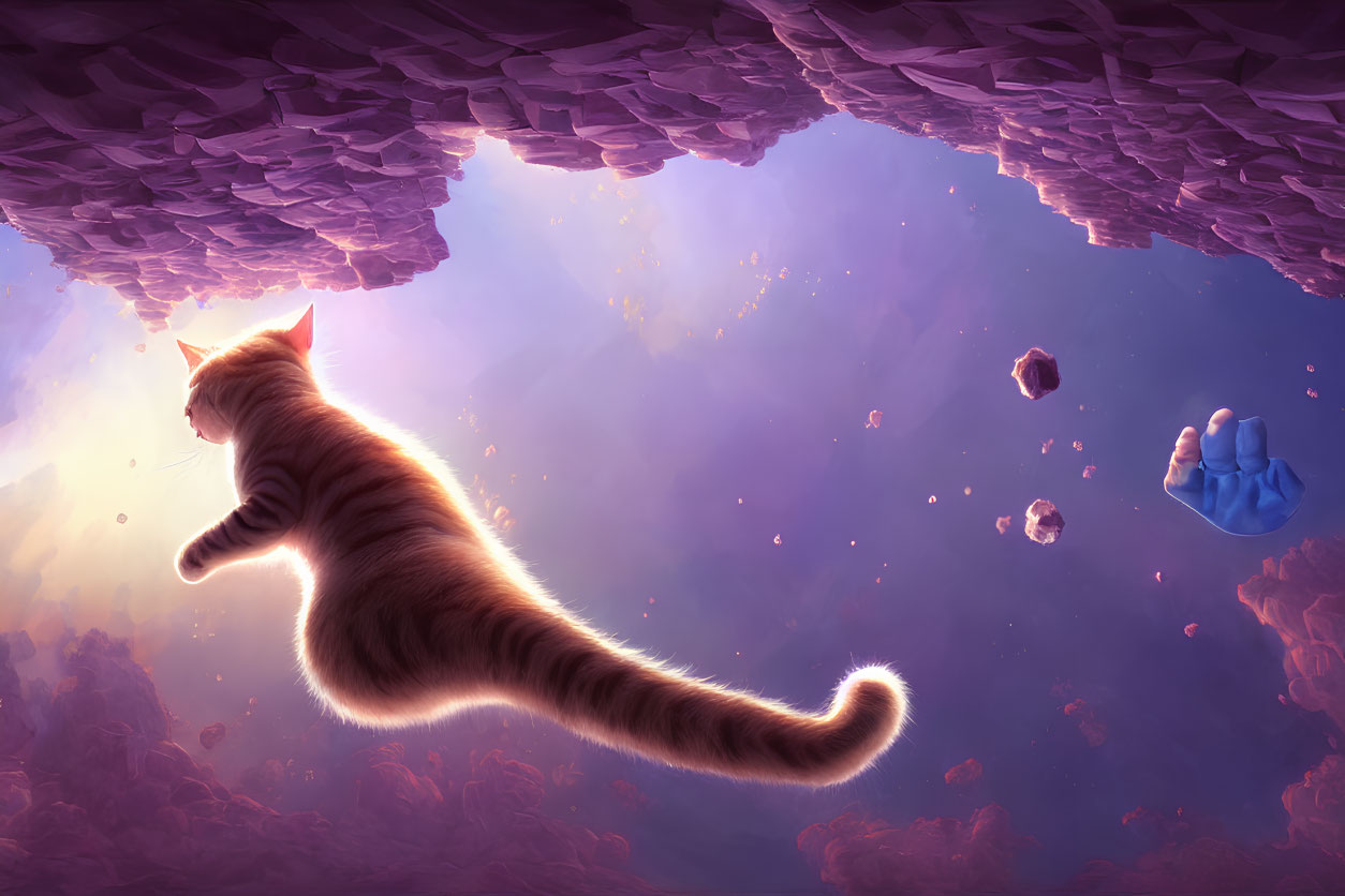 Ginger Cat in Purple Cosmic Space with Floating Rocks