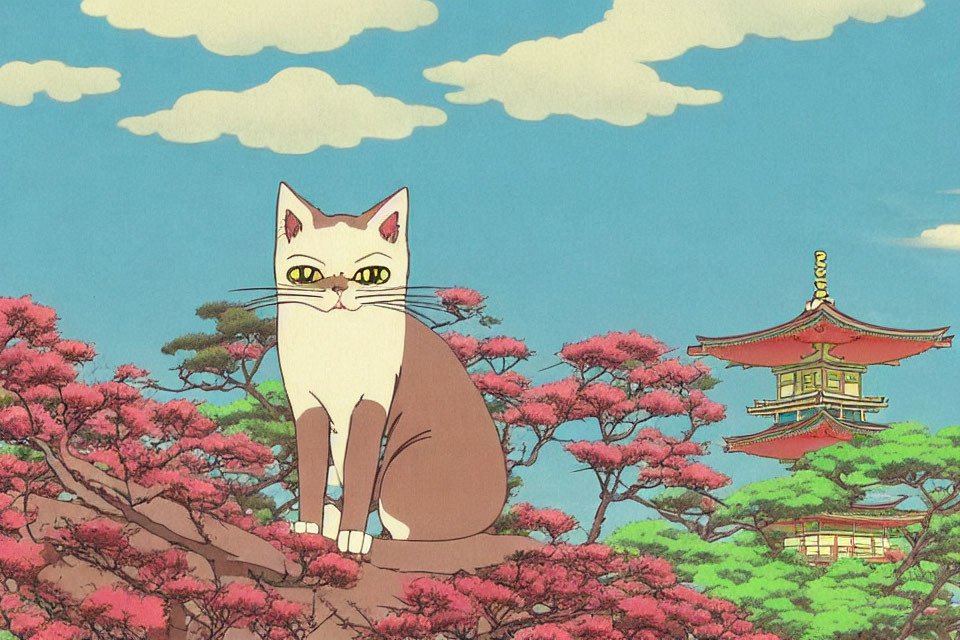 Animated cat on branch with pink blossoms and pagoda in background