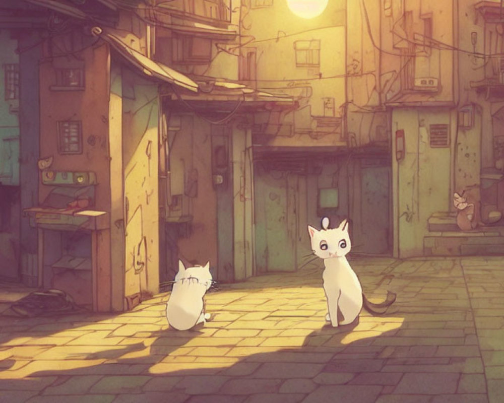 Cozy alley scene with two cats amidst glowing windows