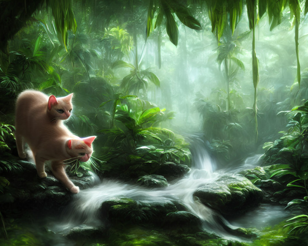 White Cats with Pink Noses on Moss-Covered Rocks in Misty Forest