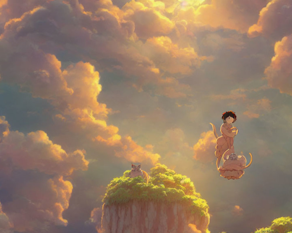 Child and small animal floating in golden clouds above lush green island