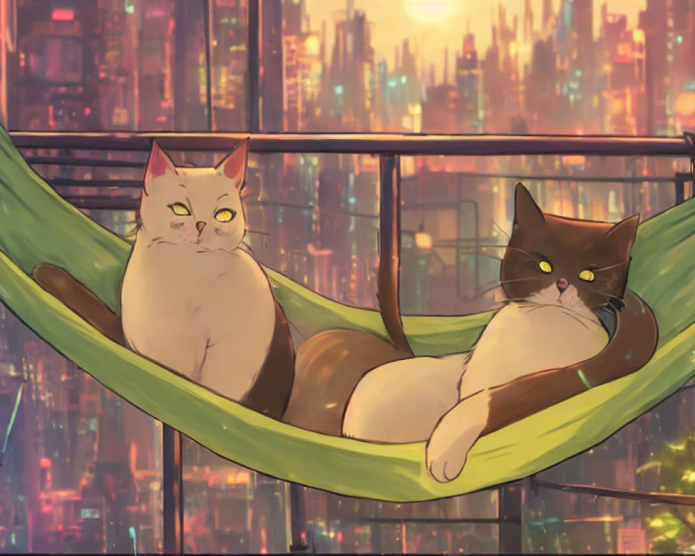 Two Cats Relaxing in Green Hammock with Futuristic Cityscape at Twilight