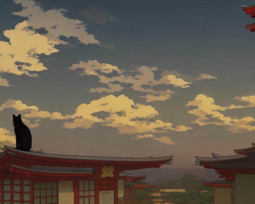 Cat silhouette on red pagoda roof under golden dusk sky