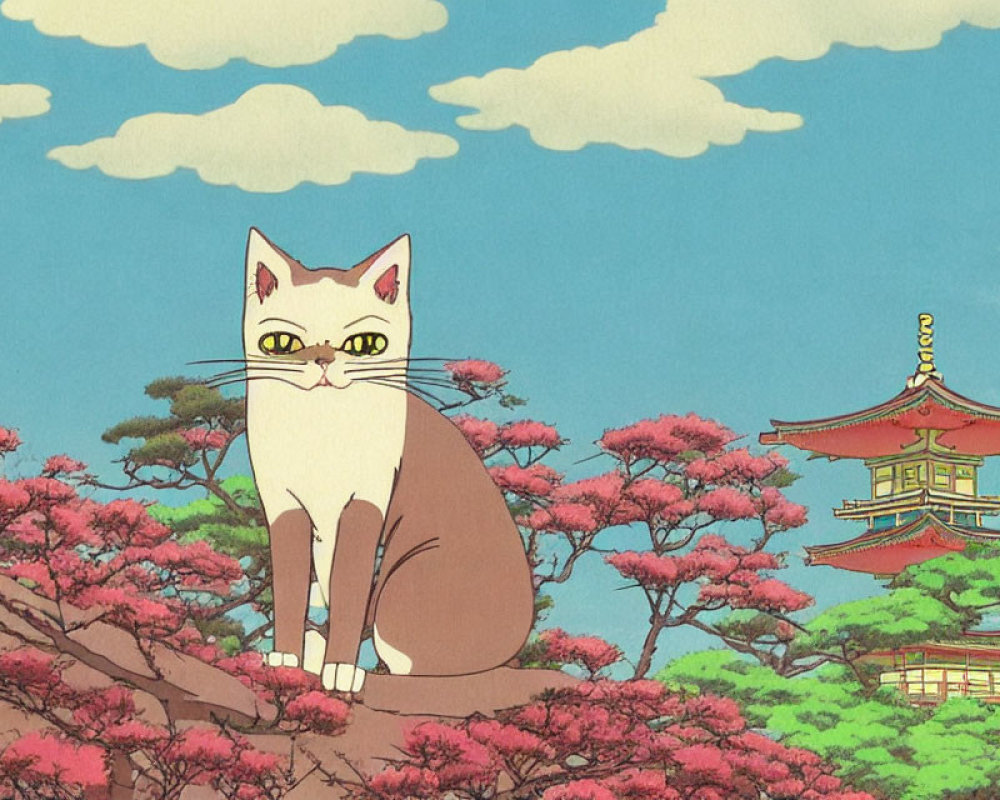 Animated cat on branch with pink blossoms and pagoda in background