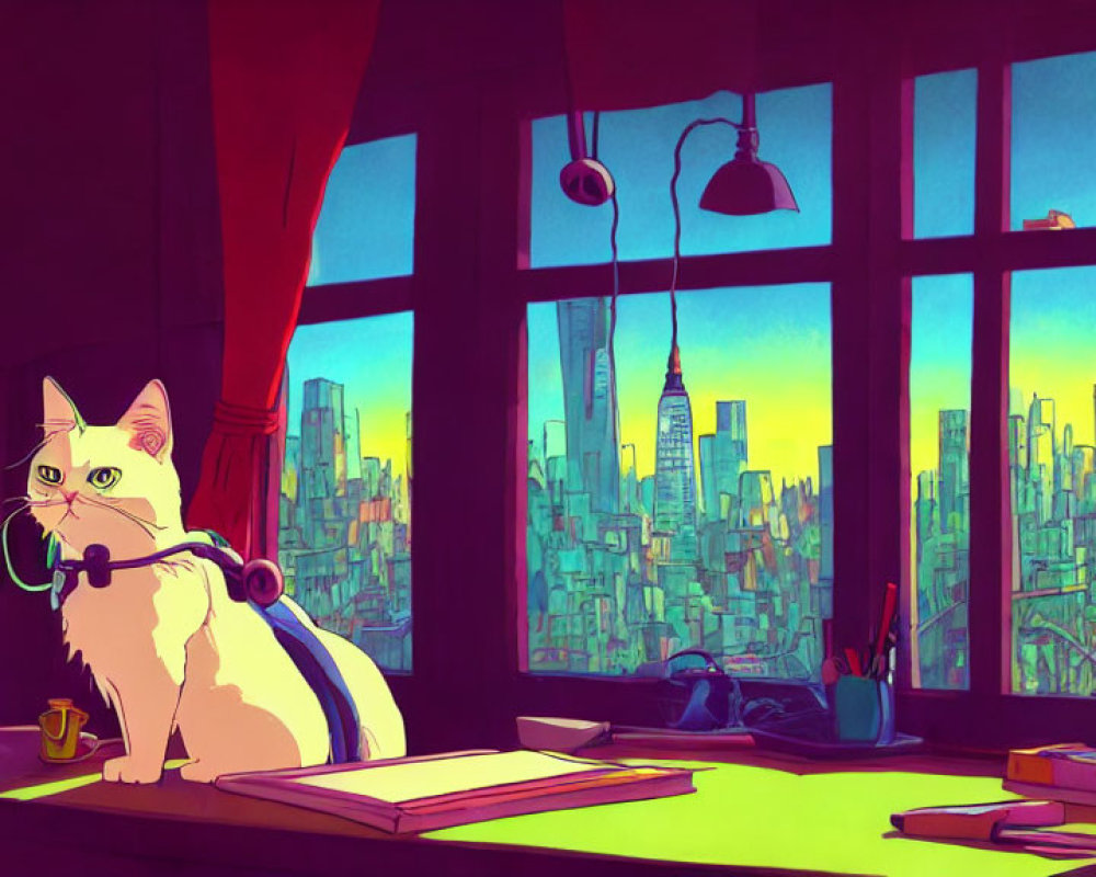 White Cat with Green Eyes Wearing Headphones on Desk Overlooking Cityscape at Sunset