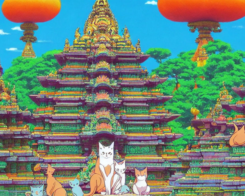 Whimsical temple illustration with lounging cats and floating orange islands